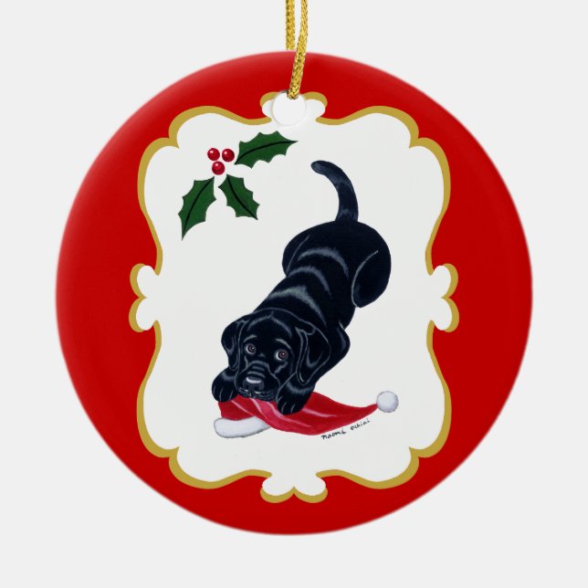 Personalized Black Lab Puppy with Santa Hat Ceramic Ornament (Front)