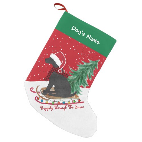 Personalized Black Lab Xmas Sled Red Small Christmas Stocking