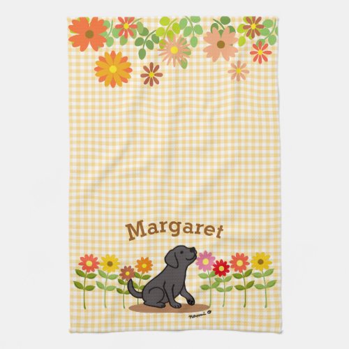 Personalized Black Labrador and Many Flowers Kitchen Towel