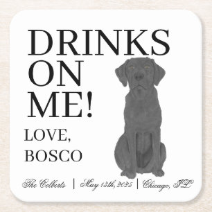 Personalized Black Labrador Dog Wedding Square Paper Coaster