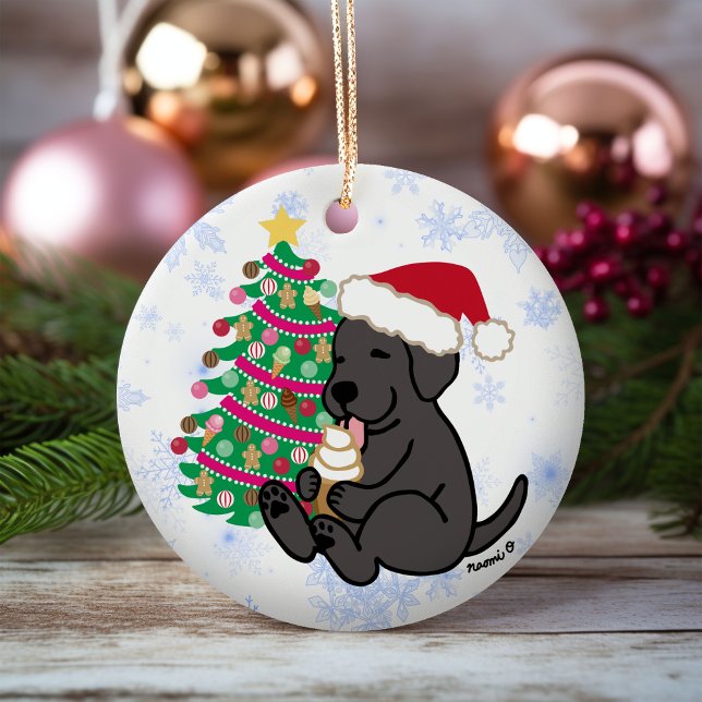Personalized Black Labrador Ice Cream Ceramic Ornament (Personalized Black Labrador Ice Cream Christmas Ornament for Black Labrador Owners.  Cartoon Style.)
