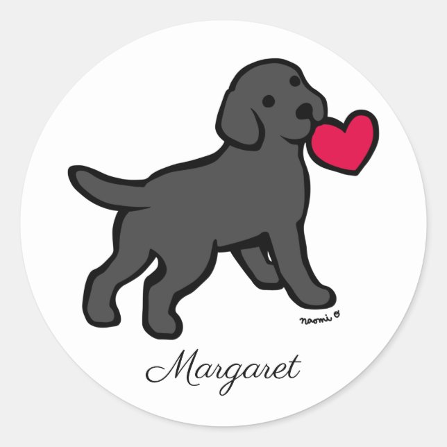 Personalized Black Labrador Puppy and Heart Classic Round Sticker (Front)
