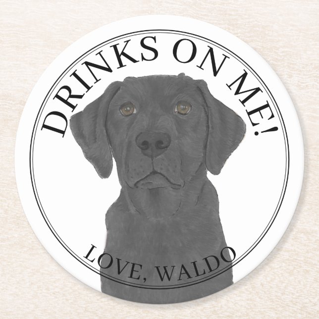Personalized Black Labrador Wedding Round Paper Coaster (Front)