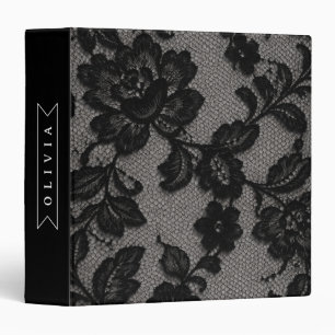 Personalized Black Lace Floral Elegant Monogram 3 Ring Binder