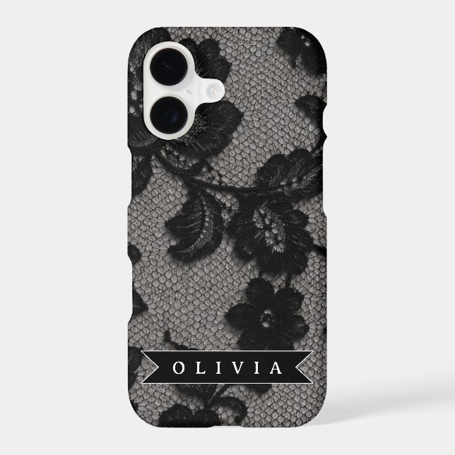 Personalized Black Lace Floral Elegant Monogram Case-Mate iPhone Case (Back)