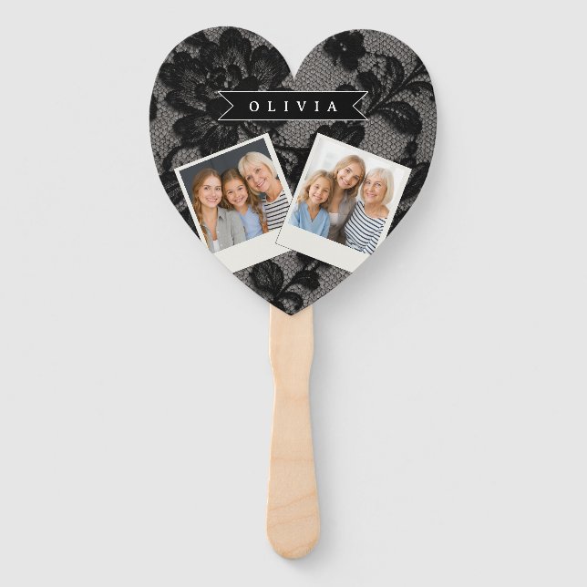 Personalized Black Lace Floral Elegant Monogram Hand Fan (Front)