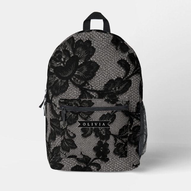 Personalized Black Lace Floral Elegant Monogram Printed Backpack (Front)