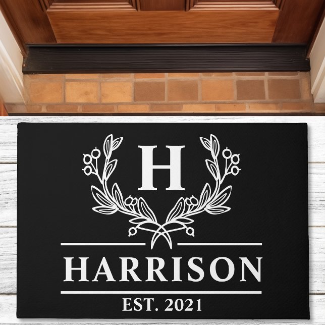 Personalized Black Laurel Monogram Doormat (Creator Uploaded)