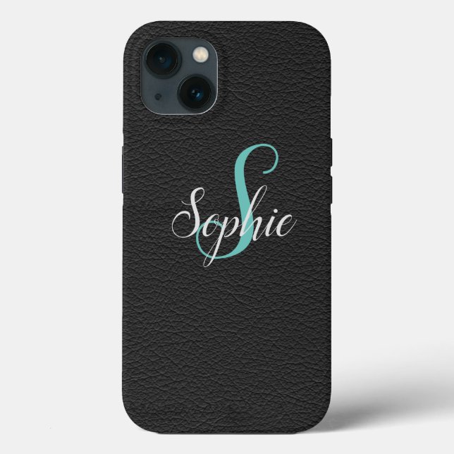 Personalized Black Leather Effect Monogrammed Case-Mate iPhone Case (Back)