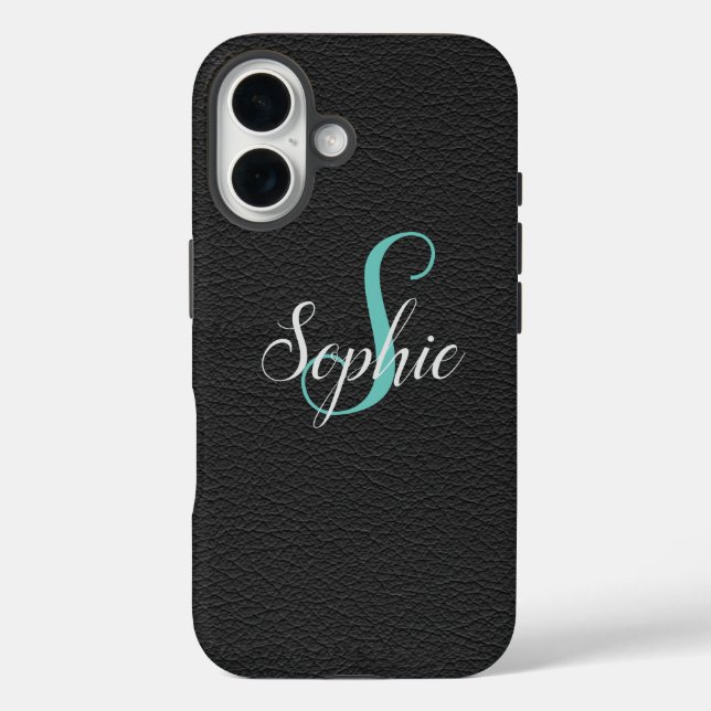 Personalized Black Leather Effect Monogrammed Case-Mate iPhone Case (Back)