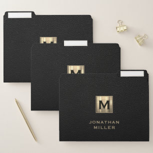 Personalized Black Leather Gold Monogram  File Folder