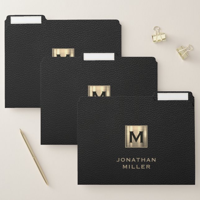 Personalized Black Leather Gold Monogram  File Folder (Set)