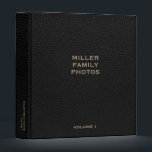 Personalized Black Leather Photo Album 3 Ring Binder<br><div class="desc">Keep your treasured memories organized with this personalized black leather print photo album binder. Featuring a minimalist design with family name photos in golden classic block typography and customizable subtext in the lower thirds, this binder is perfect for weddings, anniversaries, or any special occasion. The spine also has customizable text...</div>