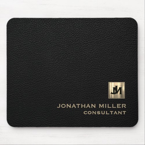 Personalized Black Leather Print Gold Monogram Mouse Pad