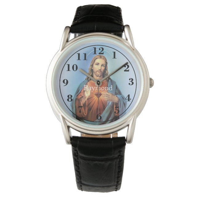 Personalized Black Leather Strap Watch/Jesus Watch (Front)