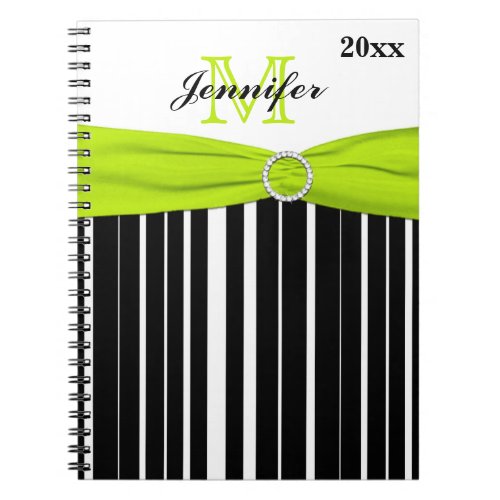 Personalized Black Lime White Striped Notebook