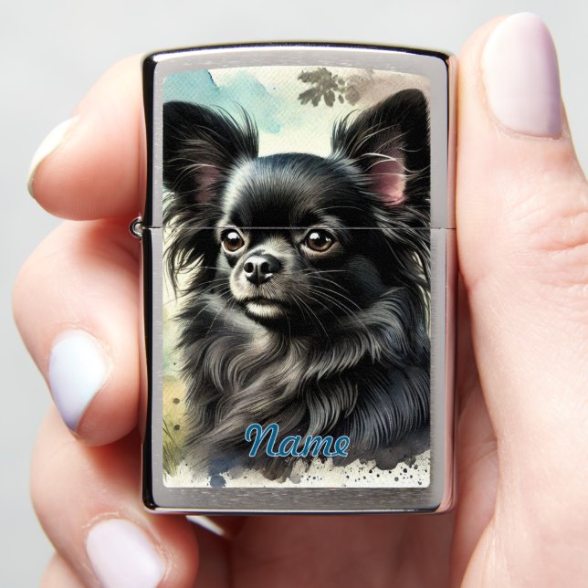 Personalized Black Long-Haired Chihuahua Zippo Lighter (In Hand)