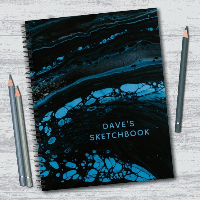 Personalized Black Marble Sketchbook Notebook (A cool black and blue marble sketchbook. Personalize it with your name.)