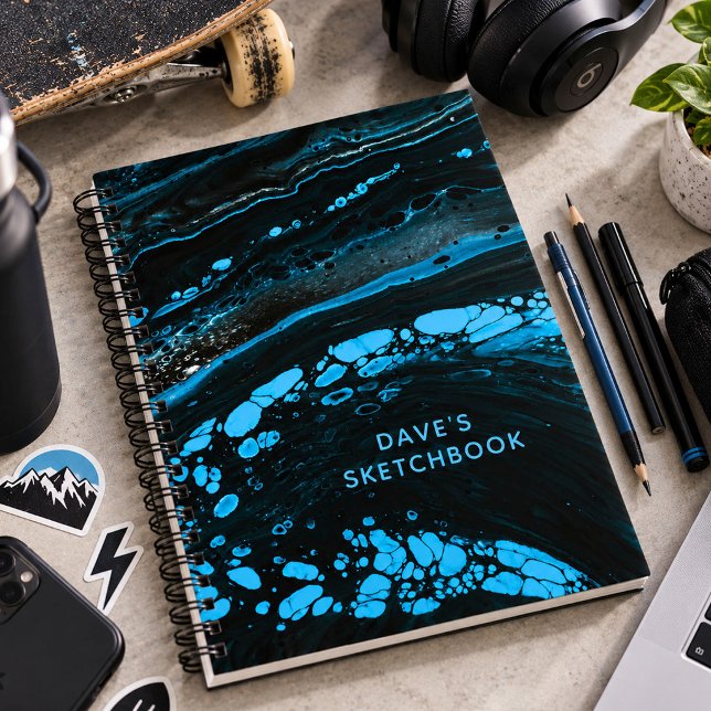 Personalized Black Marble Sketchbook Notebook (black and blue marble artist sketchbook. Personalize it with your name.)