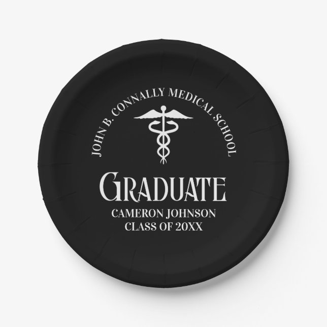 Personalized Black Medical School Graduation Party Paper Plates (Front)