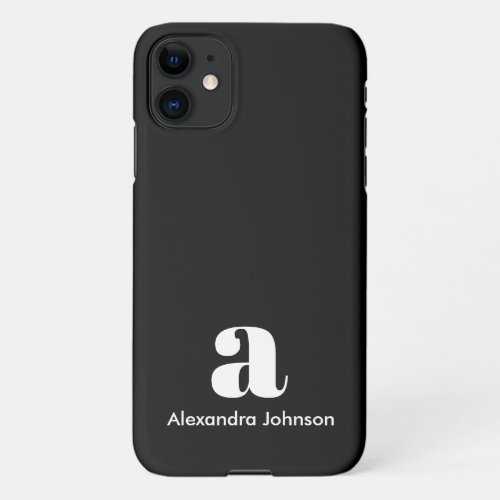 Personalized Black Modern Monogram Minimal  Name iPhone 11 Case