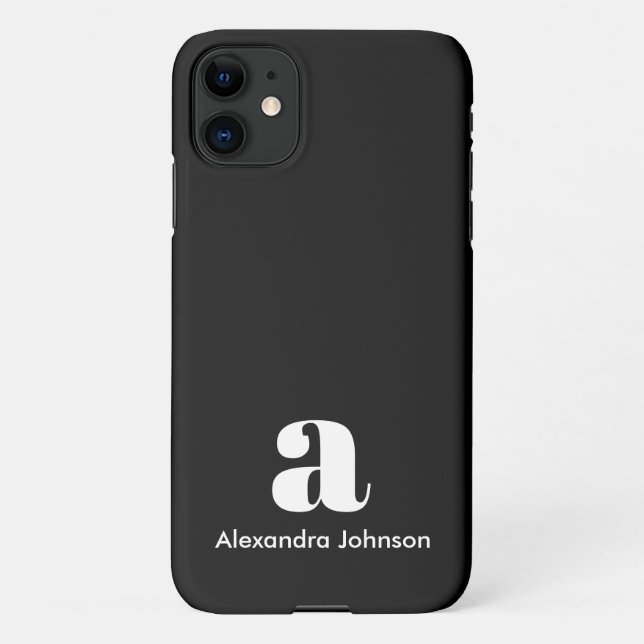 Personalized Black Modern Monogram Minimal  Name iPhone Case (Back)