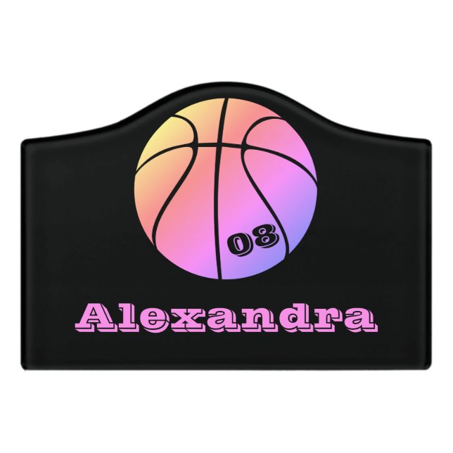 Personalized black modern pink purple Basketball Door Sign (Small Crest Front)