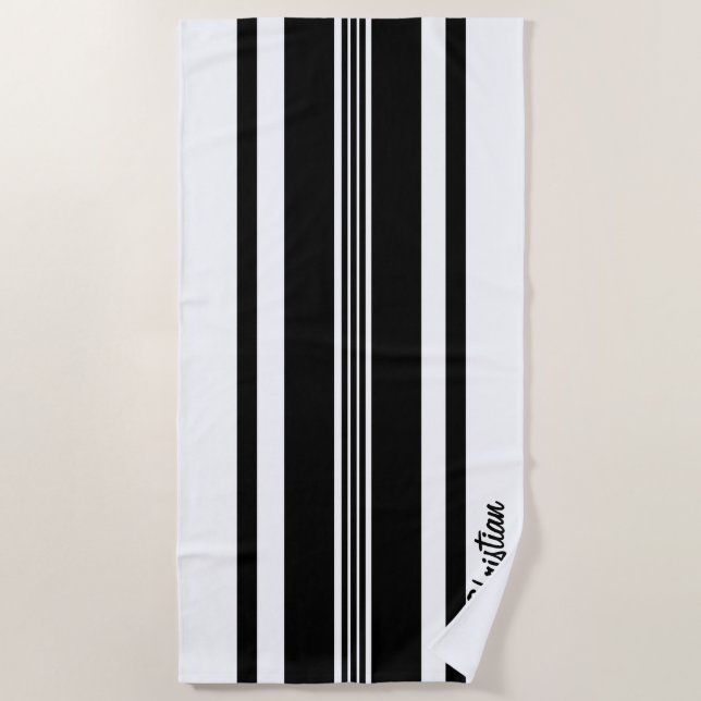 Personalized Black Modern Racing Stripes Beach Towel (Front)