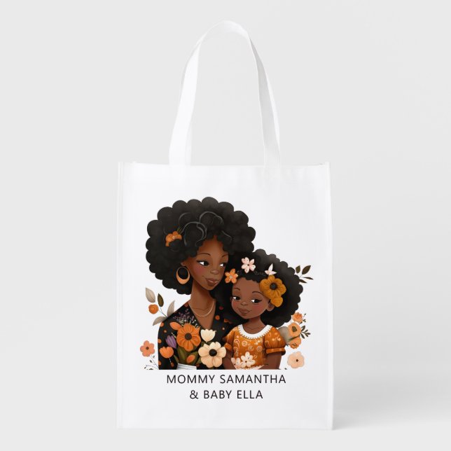 Personalized Black Mom and Daughter (13) Grocery Bag (Front)