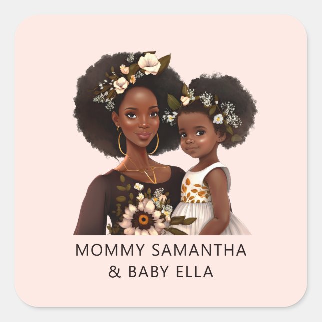 Personalized Black Mom and Daughter (18) Square Sticker (Front)