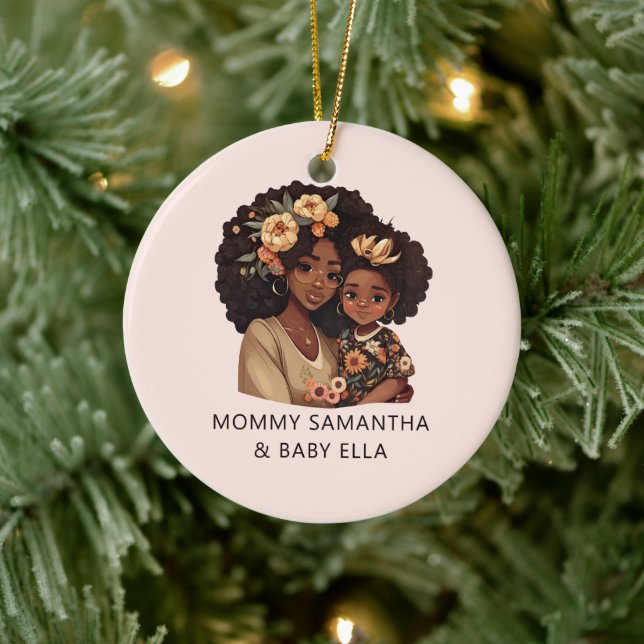 Personalized Black Mom and Daughter (19) Ceramic Ornament (Tree)