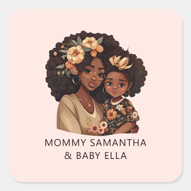 Personalized Black Mom and Daughter (19) Square Sticker (Front)