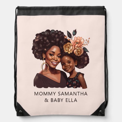 Personalized Black Mom and Daughter 20 Drawstring Bag