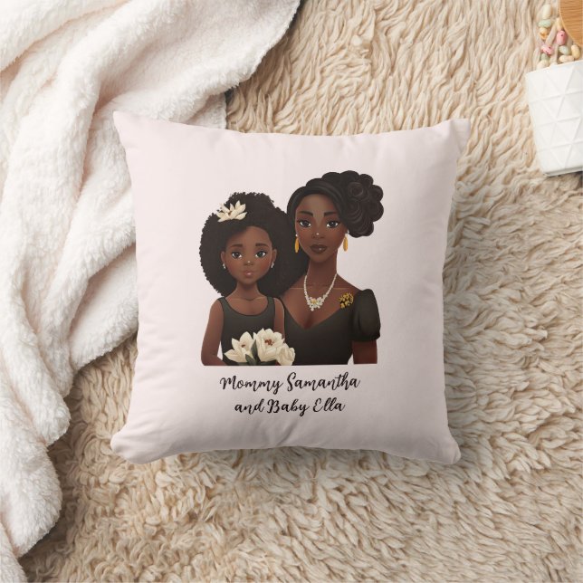 Personalized Black Mom and Daughter (6) Throw Pillow (Blanket)