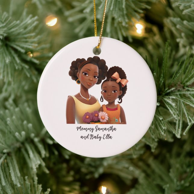 Personalized Black Mom and Daughter (7) Ceramic Ornament (Tree)