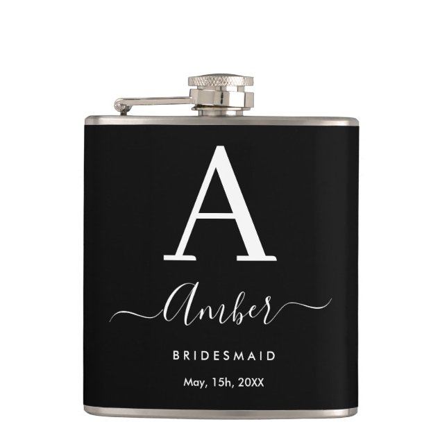 Personalized Black Monogram Bridesmaid Hip Flask (Front)