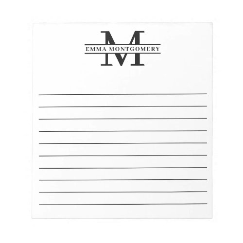 Personalized Black Monogram Name Lined Notepad
