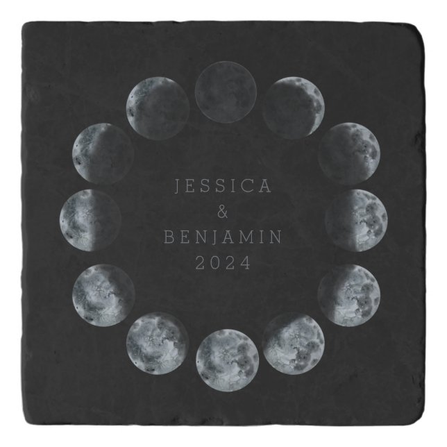 Personalized Black Moon Phases Wedding Keepsake Trivet (Front)