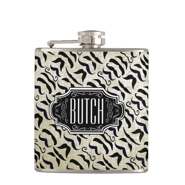 Personalized Black Mustache Pattern Hip Flask (Front)