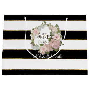 Personalized Black n White Striped Rose Hydrangeas Large Gift Bag
