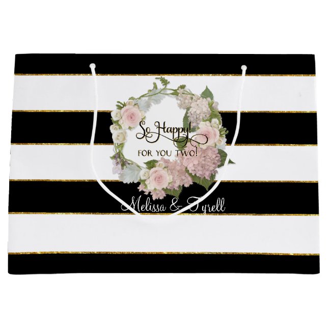 Personalized Black n White Striped Rose Hydrangeas Large Gift Bag (Front)