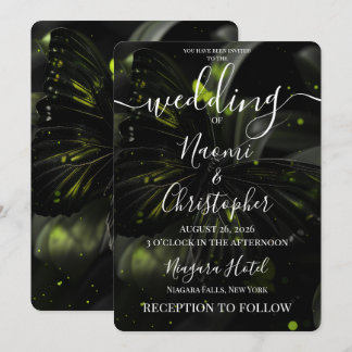 Personalized Black Neon Green Butterfly Wedding Invitation