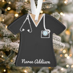Personalized Black Nurse Scrubs Ornament<br><div class="desc">Show appreciation for a dedicated nurse with this personalized black nurse scrubs ornament, featuring detailed stethoscope and badge accents. This ornament is a thoughtful gift for holiday décor, nurse graduations, or new job celebrations, honoring the hard work of healthcare professionals. Add a name to create a unique keepsake that makes...</div>