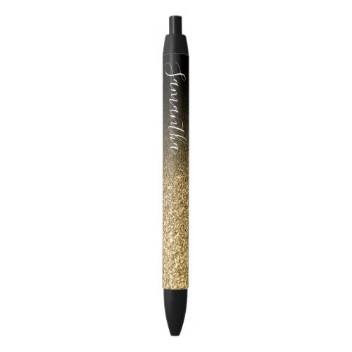 Personalized Black Ombre Faux Gold Glitter Black Ink Pen