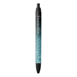 Personalized Black Ombre Faux Teal Glitter Black Ink Pen