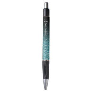 Personalized Black Ombre Faux Teal Glitter Pen