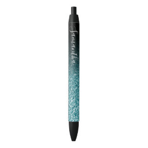 Personalized Black Ombre Faux Teal Glitter Pen