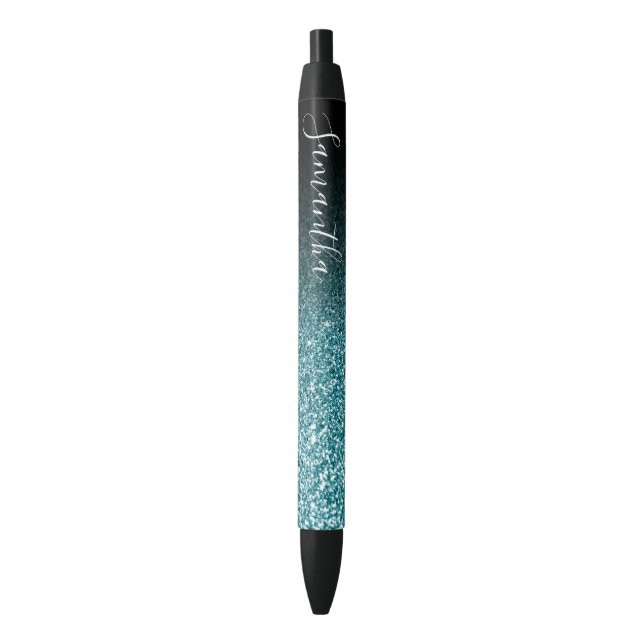 Personalized Black Ombre Faux Teal Glitter Pen (Front Vertical)