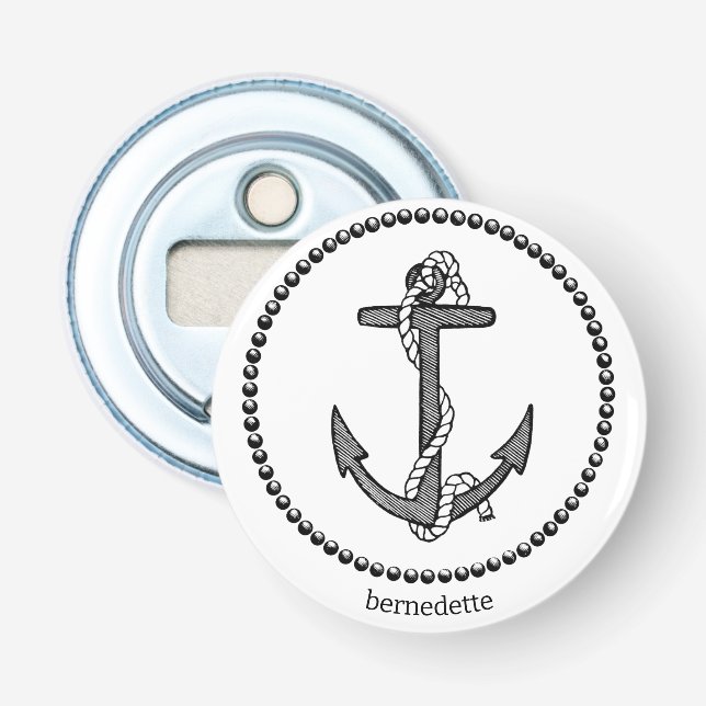 Personalized Black on White Ship's Anchor Bottle Opener (Front)