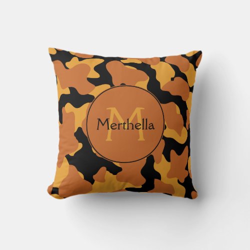 Personalized Black Orange Cow Spots Monogram Throw Pillow